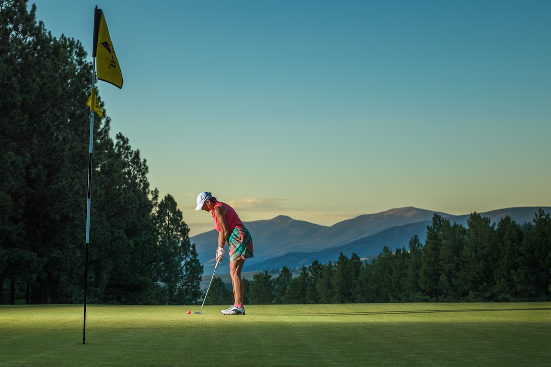 Jan Shank playing golf at the Angel Fire Resort in Angel Fire, New Mexico.